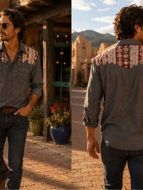 Moon Shine Spirit Western Aztec Chambray Shirt – Men’s Large